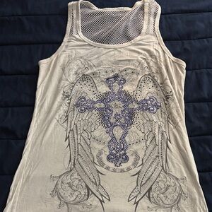 Stylish White Tank Top with Blue Graphic Design
